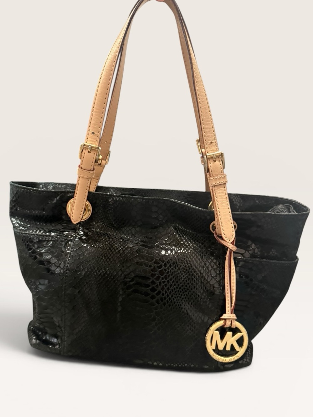 Michael Kors Black Snake-Embossed Tote w Vachetta Tan Handles and Gold MK Charm